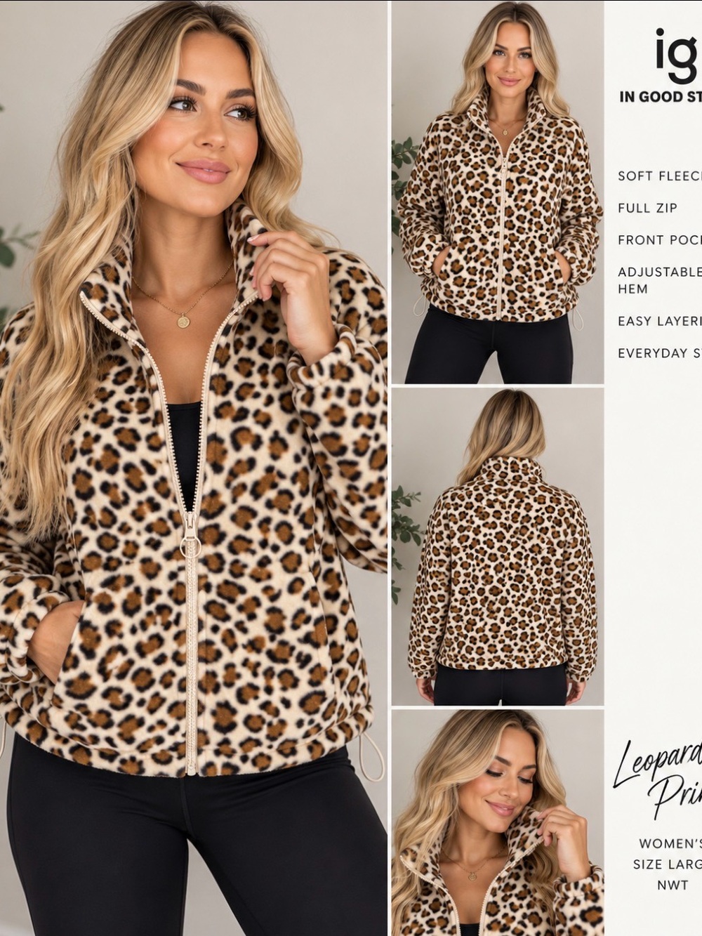 In Good State Leopard Print Fleece Jacket Women’s L Full Zip NWT Animal Print